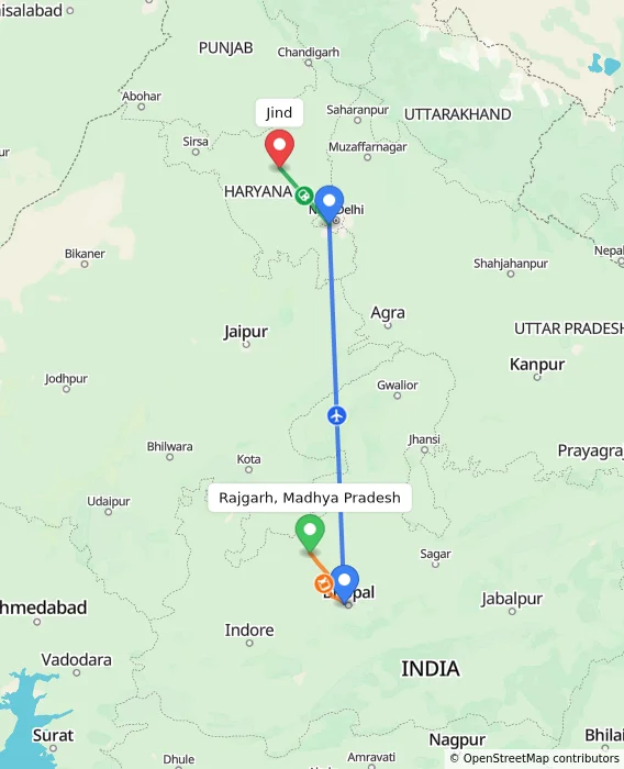 Route map showing distance and travel time from Rajgarh, Madhya Pradesh, India to Jind, India
