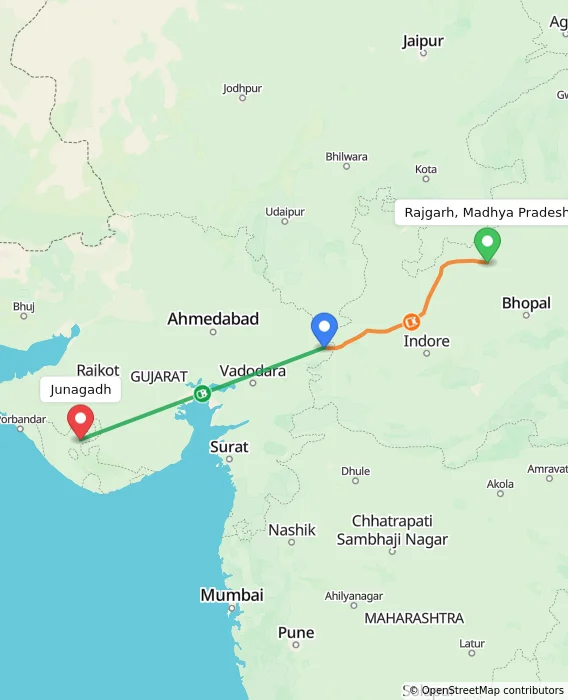 Route map showing distance and travel time from Rajgarh, Madhya Pradesh, India to Junagadh, India