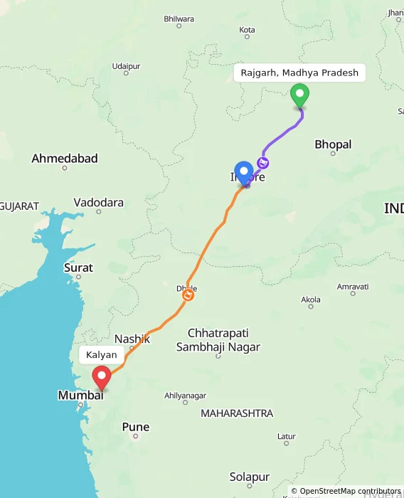 Route map showing distance and travel time from Rajgarh, Madhya Pradesh, India to Kalyan, India