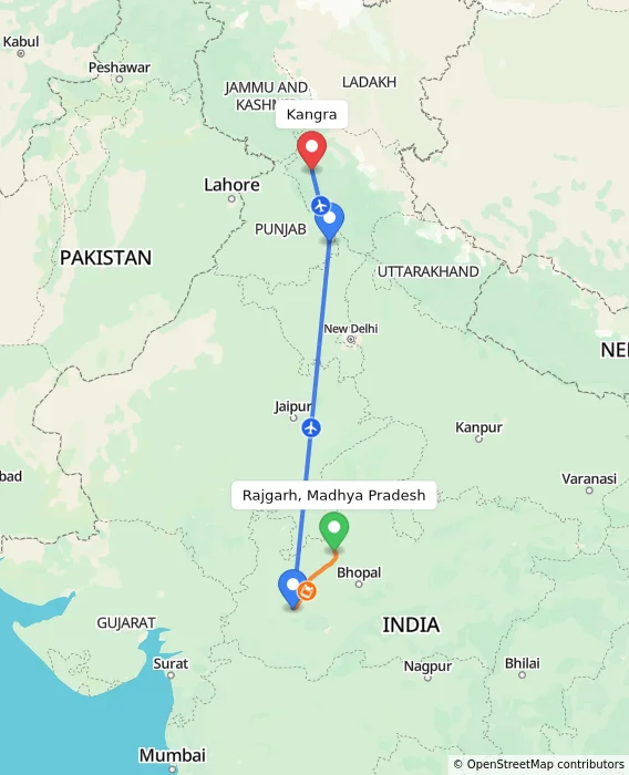 Route map showing distance and travel time from Rajgarh, Madhya Pradesh, India to Kangra, India