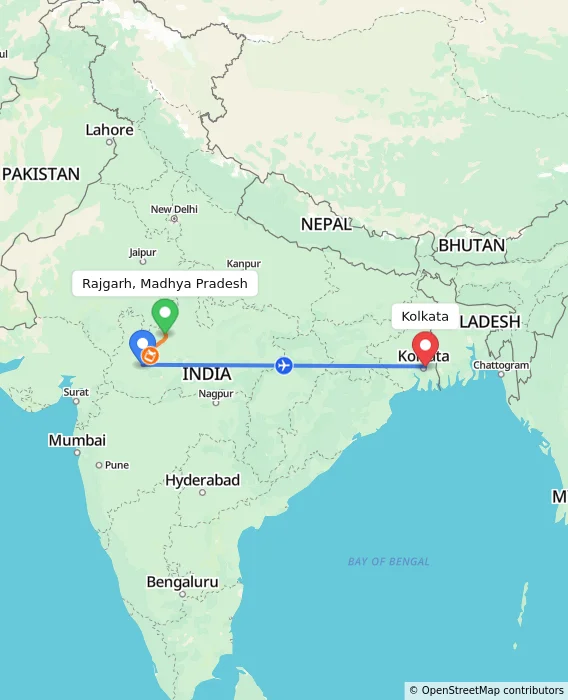 Route map showing distance and travel time from Rajgarh, Madhya Pradesh, India to Kolkata, India