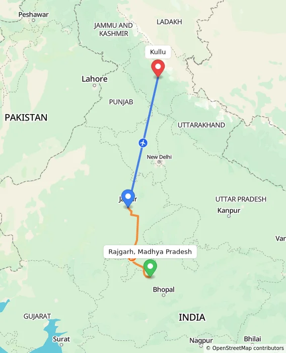 Route map showing distance and travel time from Rajgarh, Madhya Pradesh, India to Kullu, India