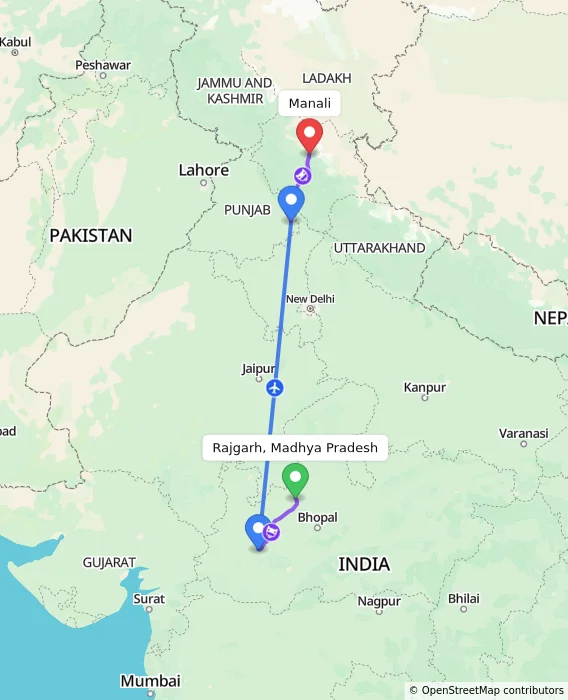 Route map showing distance and travel time from Rajgarh, Madhya Pradesh, India to Manali, India