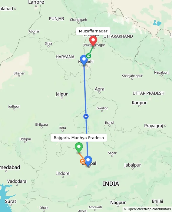 Route map showing distance and travel time from Rajgarh, Madhya Pradesh, India to Muzaffarnagar, India