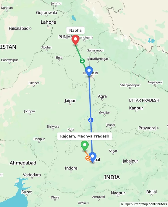 Route map showing distance and travel time from Rajgarh, Madhya Pradesh, India to Nabha, India