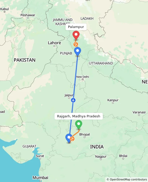 Route map showing distance and travel time from Rajgarh, Madhya Pradesh, India to Palampur, India