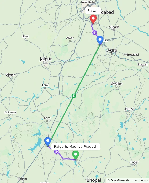Route map showing distance and travel time from Rajgarh, Madhya Pradesh, India to Palwal, India
