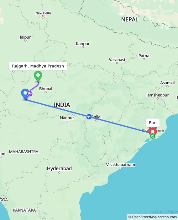 Route map showing distance and travel time from Rajgarh, Madhya Pradesh, India to Puri, India