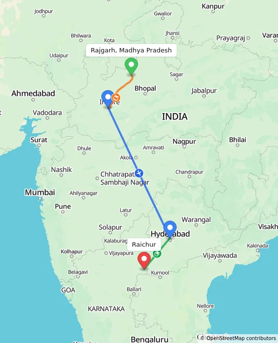 Route map showing distance and travel time from Rajgarh, Madhya Pradesh, India to Raichur, India