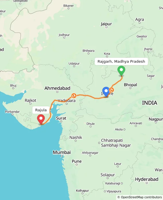Route map showing distance and travel time from Rajgarh, Madhya Pradesh, India to Rajula, India