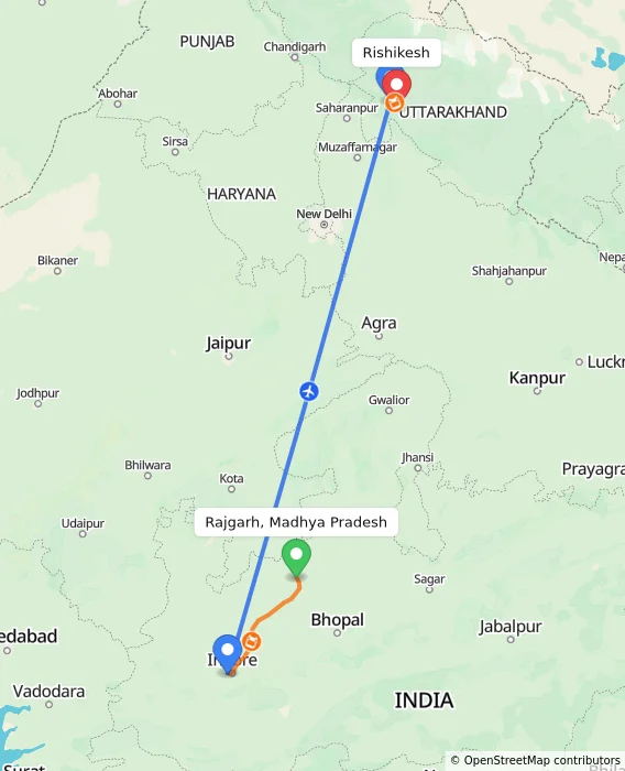 Route map showing distance and travel time from Rajgarh, Madhya Pradesh, India to Rishikesh, India
