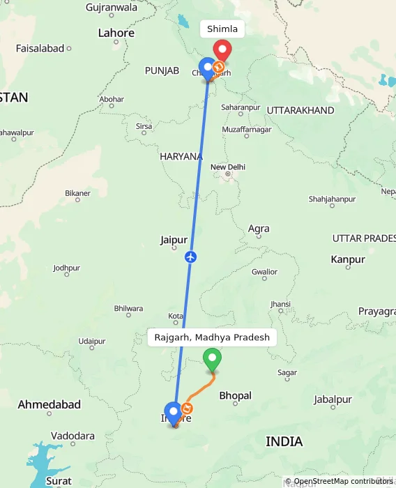 Route map showing distance and travel time from Rajgarh, Madhya Pradesh, India to Shimla, India