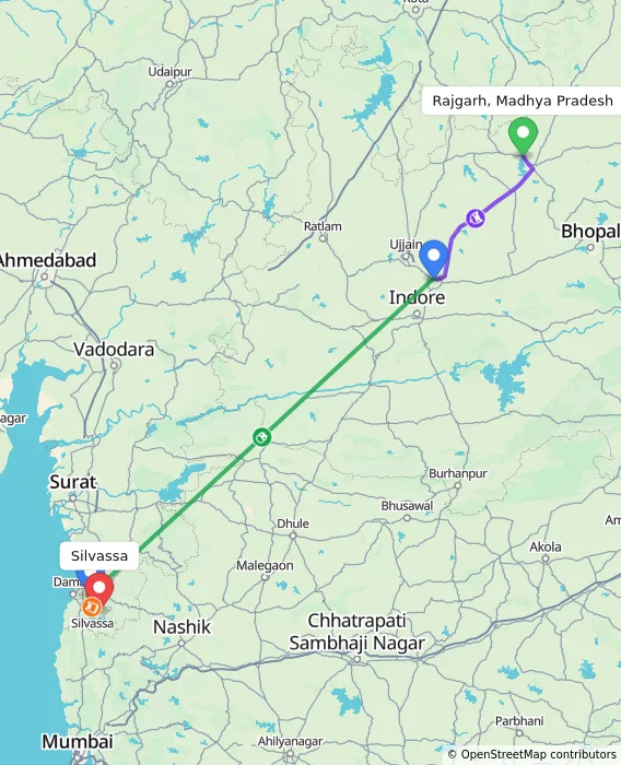 Route map showing distance and travel time from Rajgarh, Madhya Pradesh, India to Silvassa, India