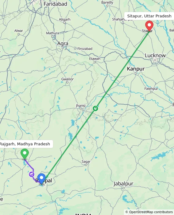 Route map showing distance and travel time from Rajgarh, Madhya Pradesh, India to Sitapur, Uttar Pradesh, India