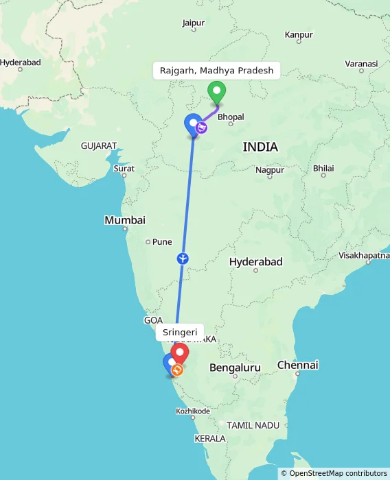 Route map showing distance and travel time from Rajgarh, Madhya Pradesh, India to Sringeri, India