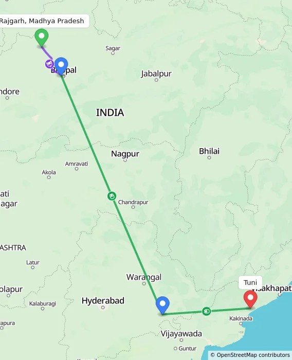 Route map showing distance and travel time from Rajgarh, Madhya Pradesh, India to Tuni, India