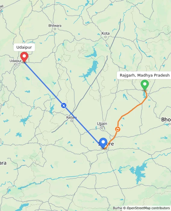 Route map showing distance and travel time from Rajgarh, Madhya Pradesh, India to Udaipur, India