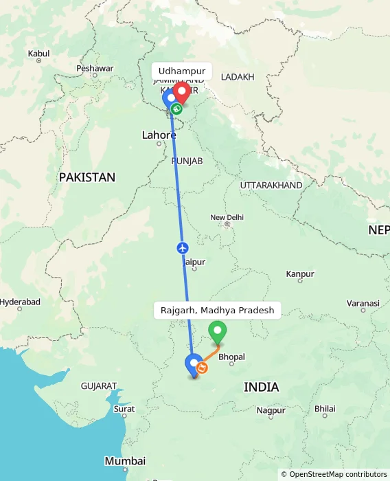 Route map showing distance and travel time from Rajgarh, India to Udhampur, India