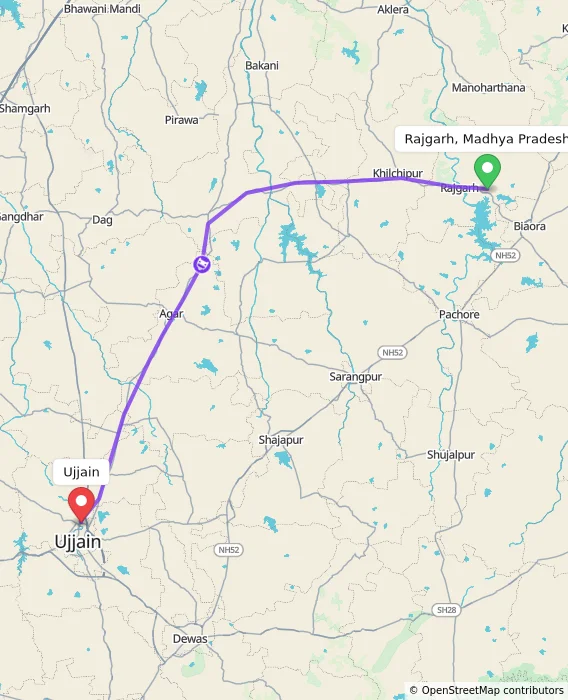 Route map showing distance and travel time from Rajgarh, Madhya Pradesh, India to Ujjain, India