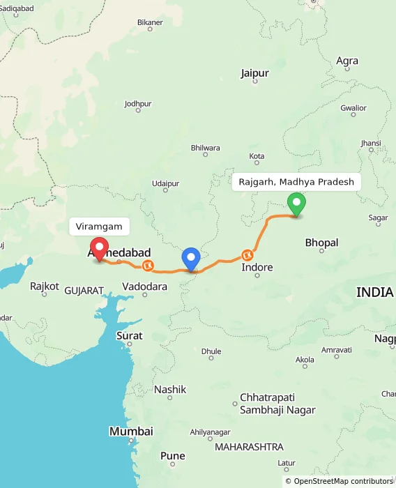 Route map showing distance and travel time from Rajgarh, Madhya Pradesh, India to Viramgam, India