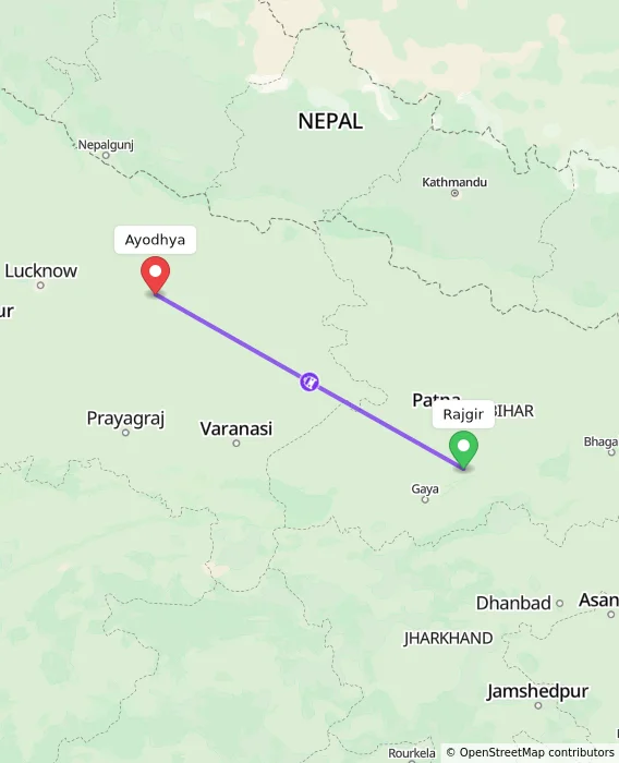 Route map showing distance and travel time from Rajgir, India to Ayodhya, India