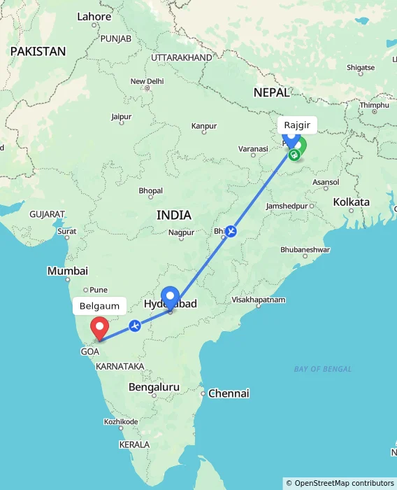Route map showing distance and travel time from Rajgir, India to Belgaum, India