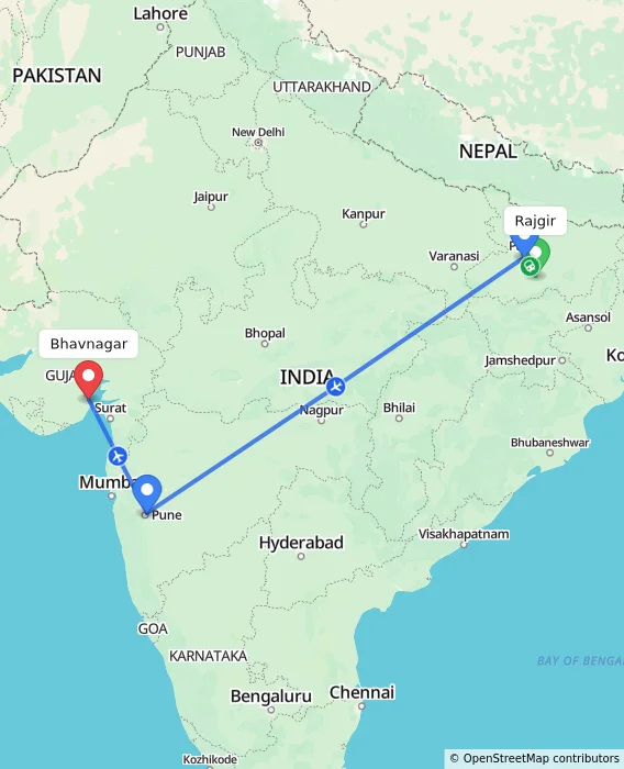 Route map showing distance and travel time from Rajgir, India to Bhavnagar, India