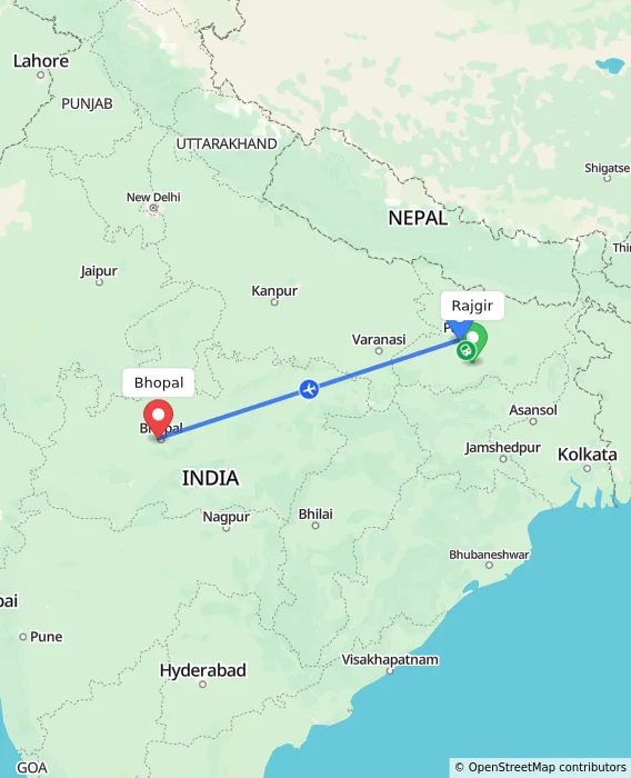 Route map showing distance and travel time from Rajgir, India to Bhopal, India