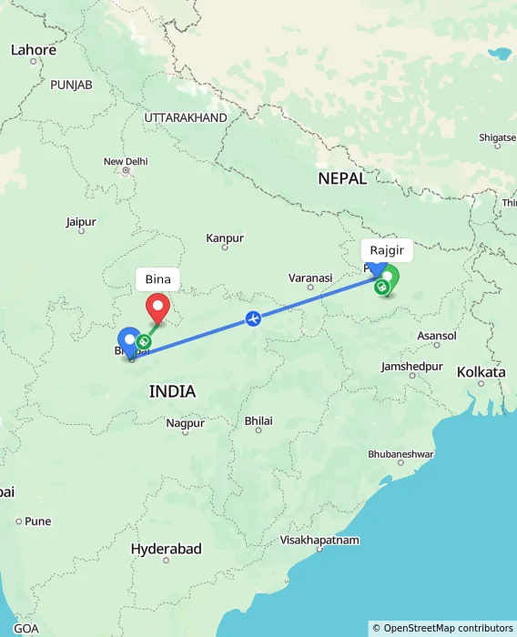 Route map showing distance and travel time from Rajgir, India to Bina, India
