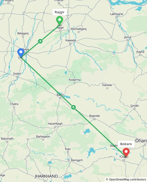 Route map showing distance and travel time from Rajgir, India to Bokaro, India