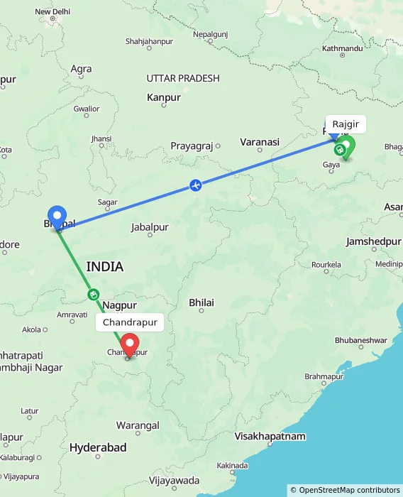 Route map showing distance and travel time from Rajgir, India to Chandrapur, India