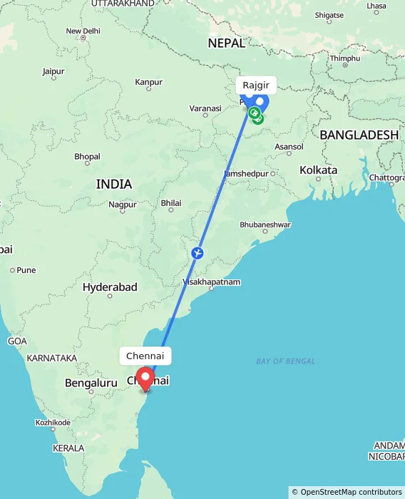 Route map showing distance and travel time from Rajgir, India to Chennai, India