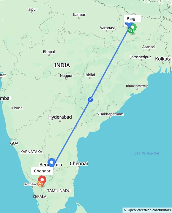 Route map showing distance and travel time from Rajgir, India to Coonoor, India