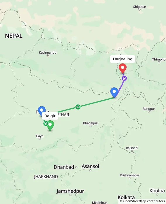 Route map showing distance and travel time from Rajgir, India to Darjeeling, India