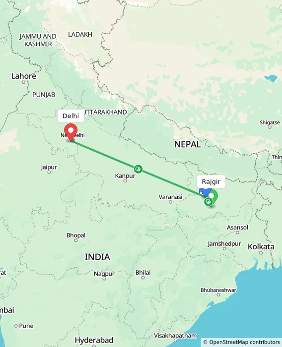 Route map showing distance and travel time from Rajgir, India to Delhi, India