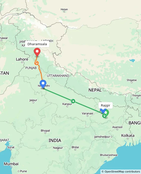 Route map showing distance and travel time from Rajgir, India to Dharamsala, India