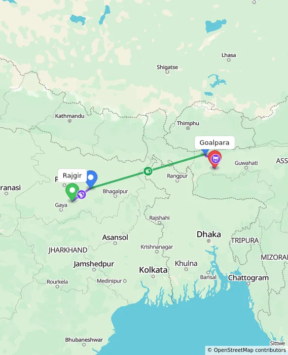 Route map showing distance and travel time from Rajgir, India to Goalpara, India