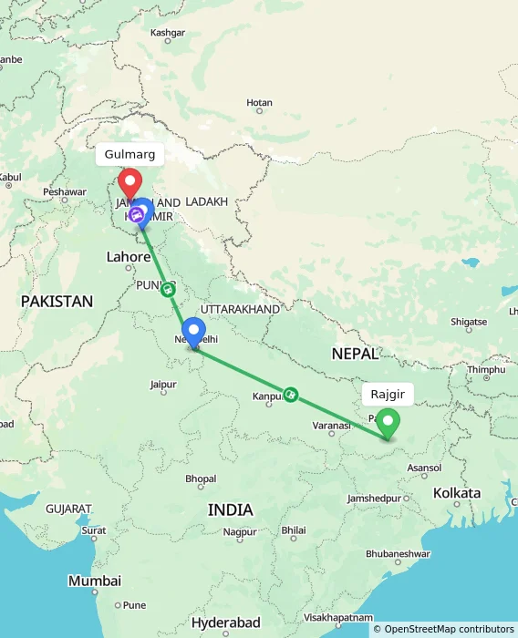 Route map showing distance and travel time from Rajgir, India to Gulmarg, India