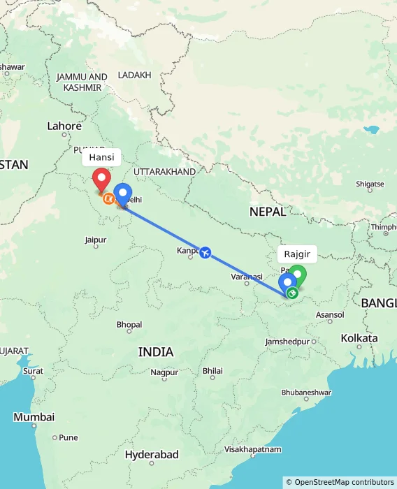 Route map showing distance and travel time from Rajgir, India to Hansi, India