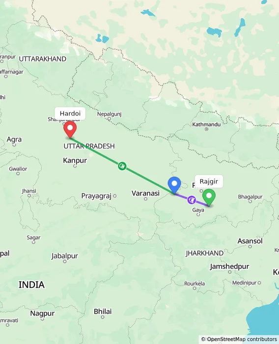 Route map showing distance and travel time from Rajgir, India to Hardoi, India