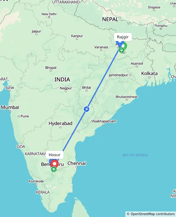 Route map showing distance and travel time from Rajgir, India to Hosur, India
