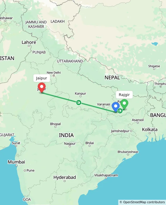 Route map showing distance and travel time from Rajgir, India to Jaipur, India