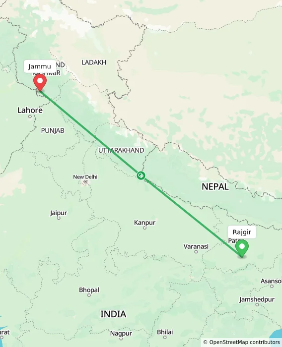 Route map showing distance and travel time from Rajgir, India to Jammu, India