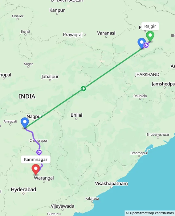 Route map showing distance and travel time from Rajgir, India to Karimnagar, India