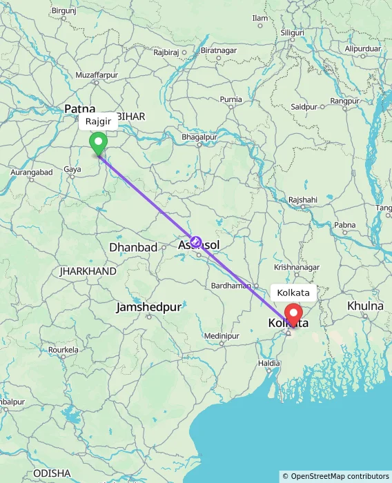 Route map showing distance and travel time from Rajgir, India to Kolkata, India