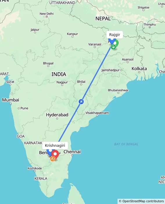 Route map showing distance and travel time from Rajgir, India to Krishnagiri, India