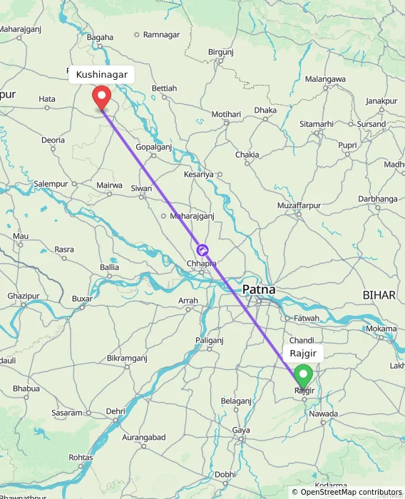 Route map showing distance and travel time from Rajgir, India to Kushinagar, India