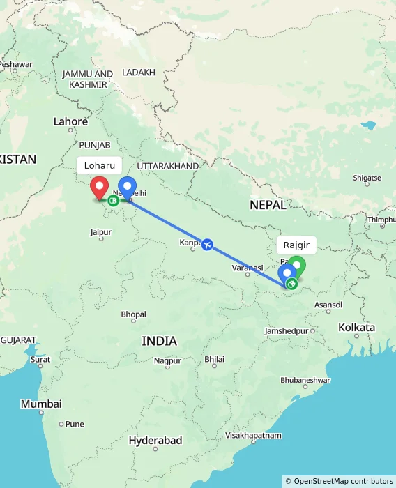 Route map showing distance and travel time from Rajgir, India to Loharu, India