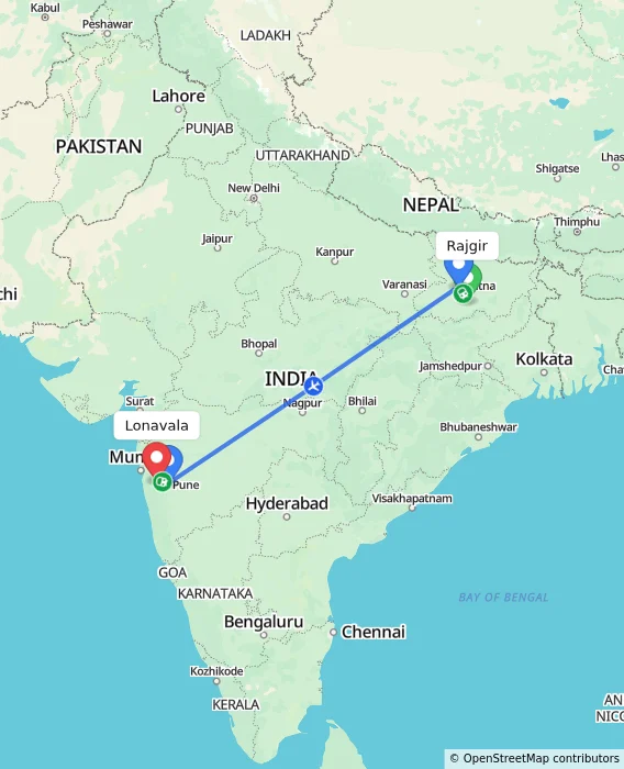 Route map showing distance and travel time from Rajgir, India to Lonavala, India