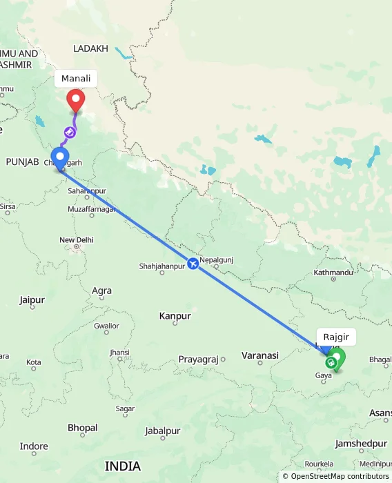 Route map showing distance and travel time from Rajgir, India to Manali, India
